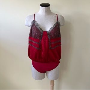 Free People Red & gray lace thong bodysuit